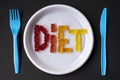 White plastic plate with text DIET from sweet jelly. Sweet fruit gummy bears. Healthy eating, junk food, diet and slimming concept Royalty Free Stock Photo