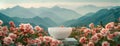 a white plastic pot positioned on a luxurious platform amidst a profusion of roses, with distant mountains creating a Royalty Free Stock Photo