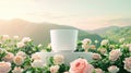 a white plastic pot positioned on a luxurious platform amidst a profusion of roses, with distant mountains creating a Royalty Free Stock Photo