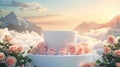 a white plastic pot positioned on a luxurious platform amidst a profusion of roses, with distant mountains creating a Royalty Free Stock Photo