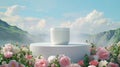 a white plastic pot positioned on a luxurious platform amidst a profusion of roses, with distant mountains creating a Royalty Free Stock Photo