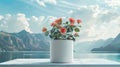 a white plastic pot positioned on a luxurious platform amidst a profusion of roses, with distant mountains creating a Royalty Free Stock Photo