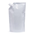 White plastic pouch stand up bag, doy-pack with a corner batcher lid. Isolated