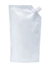 White plastic pouch stand up bag or doy-pack with a corner batcher lid.