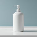 A white plastic pump bottle is placed on a white surface, set against a light blue Royalty Free Stock Photo