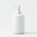 White plastic pump bottle with a sleek, cylindrical shape on a light gray background. Royalty Free Stock Photo