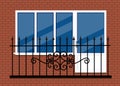 White plastic pvc window with door and balcony with black metal balcony rail, front view. isolated on a red brown brick wall