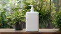 White Plastic Shampoo Bottle with Dispensary Lid. Wooden table, green plants near. Copy space mockup for logo design or Royalty Free Stock Photo