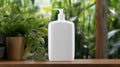 White Plastic Shampoo Bottle with Dispensary Lid. Wooden table, green plants near. Copy space mockup for logo design or Royalty Free Stock Photo