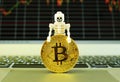 A skeleton and a gold bitcoin standing on a notepad of a notebook computer with a stock graph in the background