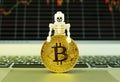 A skeleton and a gold bitcoin standing on a notepad of a notebook computer with a stock graph in the background