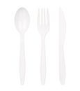 White plastic spoon, fork and knife isolated on white Royalty Free Stock Photo