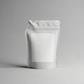 A white plastic stand-up pouch with a spout is set against a neutral gray background. Royalty Free Stock Photo