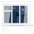 White plastic window with curtains, urban night view with sky, stars, clouds, crescent, silhouettes of city buildings. Royalty Free Stock Photo