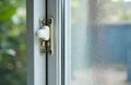 White plastic window frame with latch lock and mesh screen. Blurred green foliage visible outside. Interior view of house Royalty Free Stock Photo