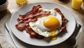 A white plate with bacon, egg and yolk