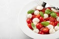 White plate of classic delicious caprese salad with ripe tomatoes, mozzarella and fresh basil leaves on gray background with copy Royalty Free Stock Photo