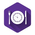 White Plate with clock, fork and knife icon isolated with long shadow. Lunch time. Eating, nutrition regime, meal time Royalty Free Stock Photo