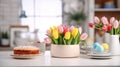 White plate with colored easter eggs, bouquet of multicolored tulips flowers in vase on white kitchen table near window Royalty Free Stock Photo