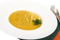 White plate with corn mash soup Royalty Free Stock Photo