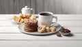 A white plate with a cup of coffee and a variety of cookies Royalty Free Stock Photo