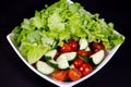 White plate of delicious vitamin salad with fresh tomatoes, cucumbers and herbs