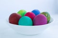 White plate with Easter versicolored boiled eggs decoration