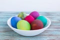 White plate of Easter versicolored boiled eggs on wooden background