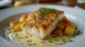 A white plate with fish and potatoes on it sitting in a bowl, AI Royalty Free Stock Photo