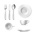 White plate, fork, knife, spoon, cup, table cutlery set, flat lay and side view. Empty dishes for dinner, breakfast or Royalty Free Stock Photo