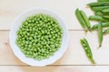 White plate with fresh peeled green peas and whole pods lay on light wooden table Royalty Free Stock Photo