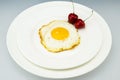 A white plate and fried egg