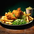 Hyper-realistic Rendering Of Avian-themed Plate With Fried Chicken, Chips, And Mushy Peas