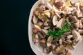 White plate full of chopped, fresh bay boletes and boletus, decorated with green twig.