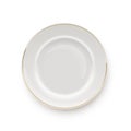 White plate with gold border for dishes. Top view of empty clean kitchen plate vector illustration. Round realistic Royalty Free Stock Photo