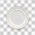 White plate with golden border on transparent background. Empty dish for dinner, breakfast or lunch vector illustration