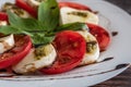 White plate of healthy classic delicious caprese salad with tomatoes and mozzarella cheese with basil leaves and strips of soy