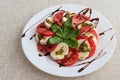 White plate of healthy classic delicious caprese salad with tomatoes and mozzarella cheese with basil leaves and strips of soy Royalty Free Stock Photo