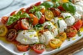 A white plate holding fresh mozzarella cheese and sliced tomatoes, A platter of creamy burrata cheese paired with ripe tomatoes Royalty Free Stock Photo