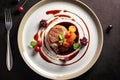 A white plate holds a dessert covered in an assortment of fresh and vibrant fruits, Roasted goose liver with dates and apple,