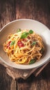 White plate holds Italian pasta with vibrant ingredients Culinary elegance