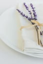 White Plate Linen Napkin Tied with Twine Lavender Twig Easter Wedding Valentine Romantic Table Setting Menu Poster Template
