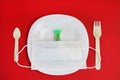 On a white plate, a medical mask and hourglass, wooden spoon and fork on a red background. Copy space - concept food, hunger,