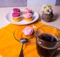 White plate with muffins, cakes, coffee mug and a bouquet of wildflowers Royalty Free Stock Photo