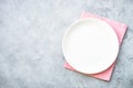 White plate and napkin at stone table.