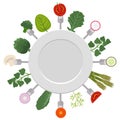 White plate with pieces of vegetables on forks