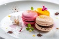A white plate is presented with an assortment of three distinct desserts, showcasing a delicious variety of sweet treats,