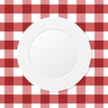 White plate on a red checkered tablecloth. Empty dish on a kitchen table cloth. Royalty Free Stock Photo