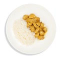 A white plate with rice and chicken on a white background Royalty Free Stock Photo