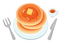 On the white plate is a round and cute three-layered pancake with syrup and butter.